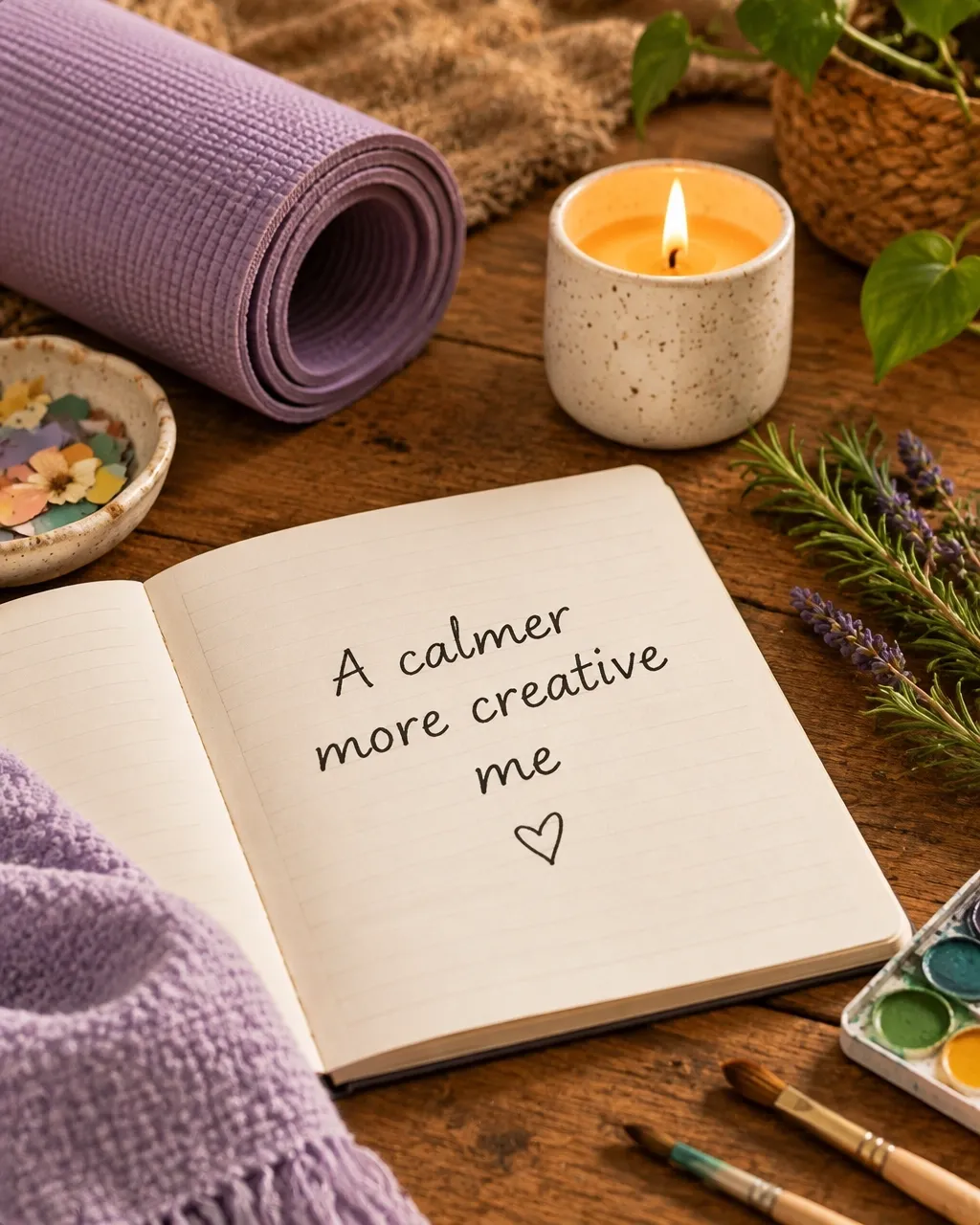 A journal, candle, and yoga mat for a quiet moment