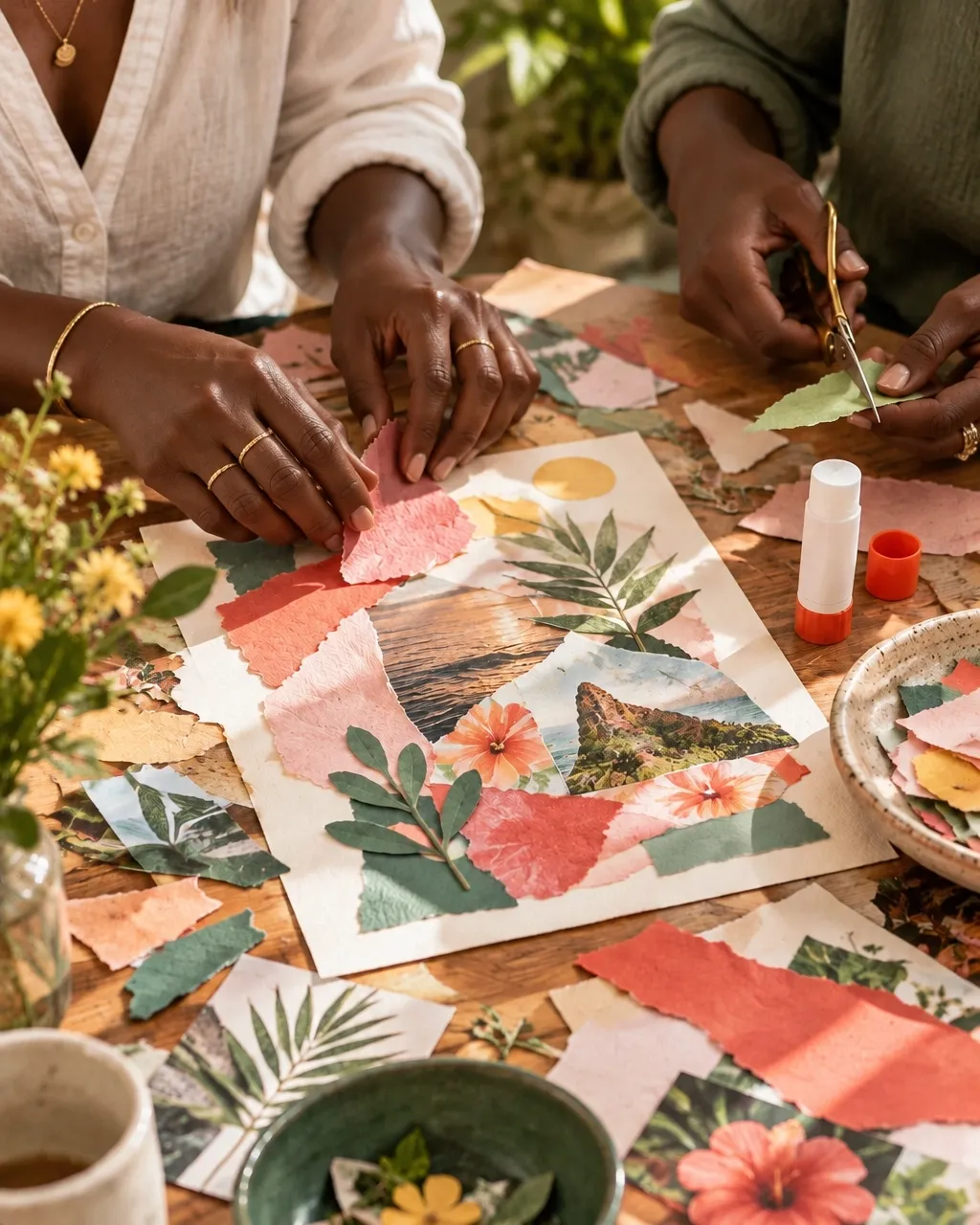 Hands arranging colorful paper pieces for a collage