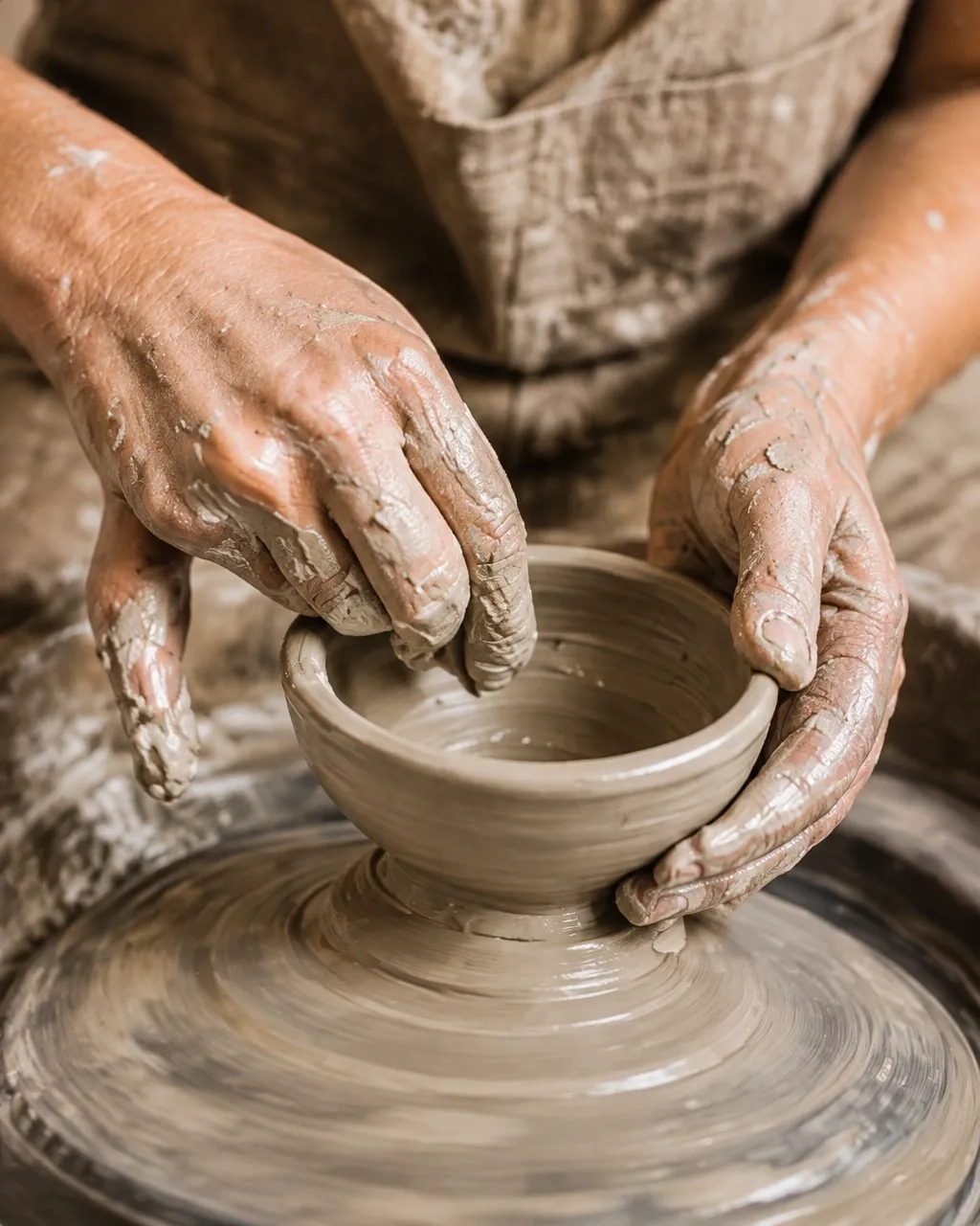 Hands working clay into a bowl